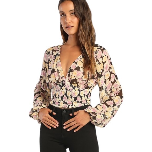 Lulus Romantic Impression Black Floral Smocked Tie Back Cropped Top - M - Picture 2 of 15